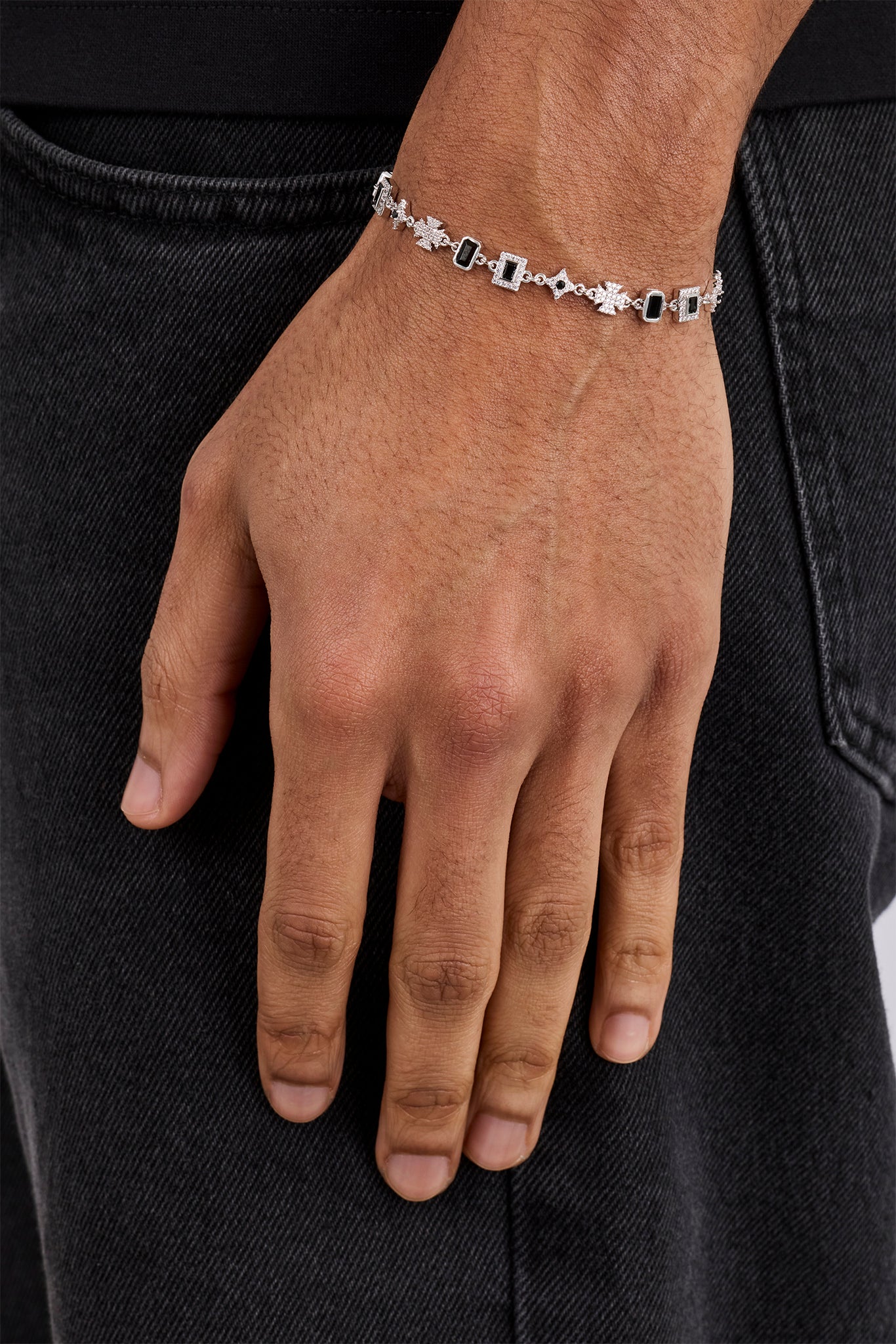 Iced Black Gemstone & Motif Bracelet - 6mm - White